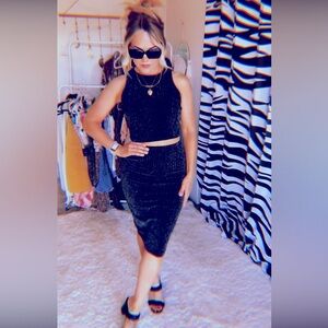 Sparkle black two piece set sleeveless tank crop top and skirt